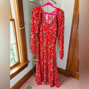 Knox Rose red abstract floral maxi dress, size large, oversized with belted tie